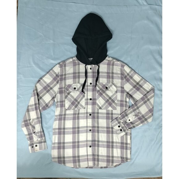 NoBo Mens Small Button Up Flannel Hooded Shacket Shirt Plaid 34-36 Off White Sm - Picture 13 of 16